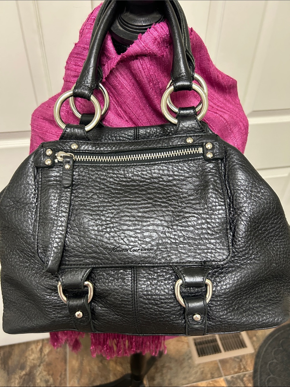 Kenneth Cole New York Black Pebbled Leather Shoulder Bag